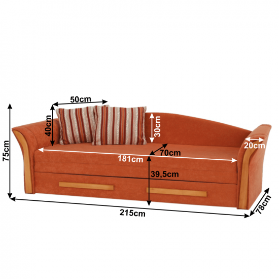 PATRYK Kanapé, narancssárga/csíkos minta/égerfa