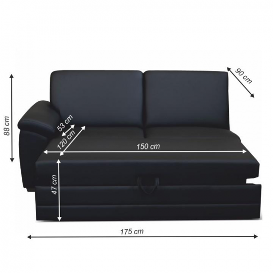 BITER 3-személyes kinyitható kanapé támasztékkal, textilbőr fekete, balos 3 1B ZF