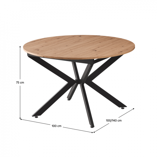 ABERO Kihúzható étkezőasztal, artisan tölgy/fekete, 100x100-140x75 cm TYP 1