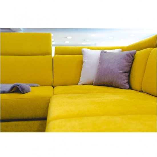 MARIETA Luxus kivitelű ülőgarnitúra, sárga/barna párnák, jobbos U